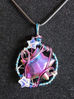 Rainbow titanium quartz star wire wrapped pendant on black cord necklace new